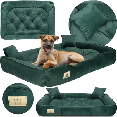 A collage of images showing a dog bed from different angles, including a close-up of the fabric and a dog lying in it.