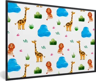 Produktbild von MuchoWow® Gerahmtes Poster Löwe - Design - Tiere - Kind 90x60 cm - Poster mit Schwarzem Bilderrahmen Wandposter Rahmen Foto Bilder - Fotorahmen - Foto-Plakat