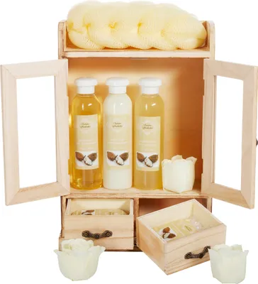 Produktbild von BRUBAKER Cosmetics Bade- und Pflegeset im Holzschrank - Wellness Badeset für Frauen - Damen Geschenkset mit Holz Dekoration, Sheabutter Duft
