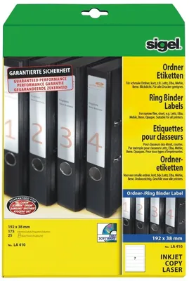 Produktbild von Ordner-Etiketten Inkjet/Laser Kopier 38x192mm VE=10x175 Stück (25 Blatt) weiß