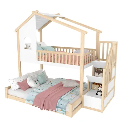 Produktbild von Etagenbett mit 2 Schlafgelegenheiten, Stauraum, Treppe und Rausfallschutz und Lattenrost, 90x200cm/140x200cm, Kinderbett, Kiefer