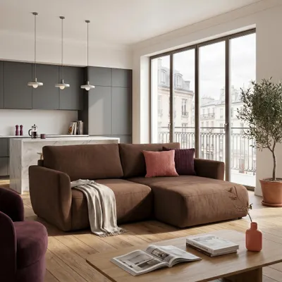 Produktbild von MUFFO Ecksofa BELLA L Rechts mit Schlaffunktion 140x205 Velours Rostbraun