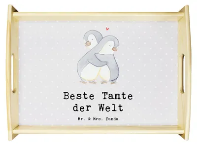 Produktbild von Mr. & Mrs. Panda Tablett Pinguin Beste Tante der Welt - Grau Pastell - Geschenk, Geschenkidee, Dankeschön, Patentante, Holztablett, Kleinigkeit, Familie, Servier, Deko