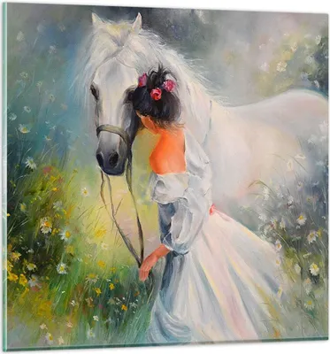 Produktbild von Bilder auf glas - Frau Wiese Pferd - 70x70cm - Glasbilder - Wandbilder - Kunstdruck - zum Aufhängen bereit - Wanddekoration aus Glas - Glas Bilder - Wandbild auf Glas - Einteilig - GAC70x70-3470