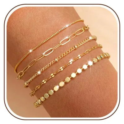 Produktbild von Dailygoody – Armband für Damen, Goldfarben – 5-teiliges Armband-Set – Verstellbar bis 5 cm – 14 Karat vergoldet – Boho-Armbänder – Geeignet für Damen und Mädchen