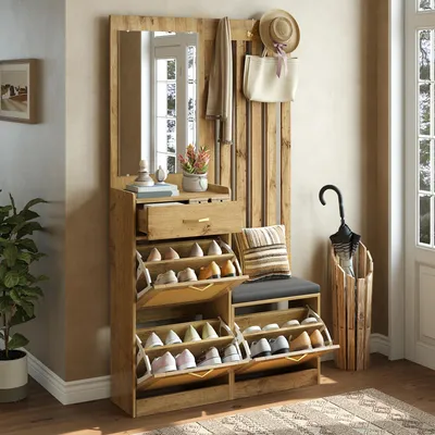 Produktbild von MODFU Garderoben-Set,Multifunktionale Kompaktgarderobe mit Spiegel,Sitzbank,Schuhschrank und Kleiderschrank,Schuhkommode mit Rattanoptik-Türen,Natürlich