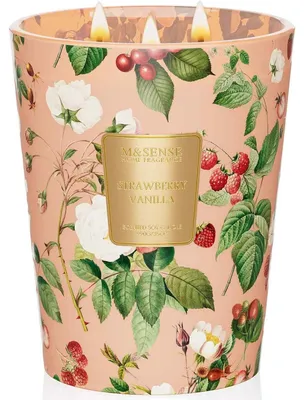 Immagine prodotto di Candela profumata in vetro, grande, fragranza fragola e vaniglia, cera di soia, 3 stoppini, 150 ore di durata, 990g