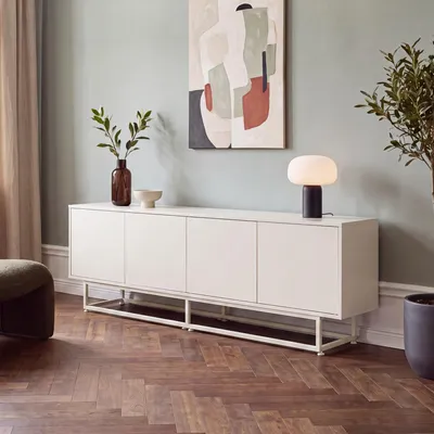 Immagine prodotto di Mobile TV a basso profilo "Boxholm" con 4 ante a spinta (sistema push-to-open), dimensioni 180 x 30 x 56 cm, struttura in metallo, colore sabbia
