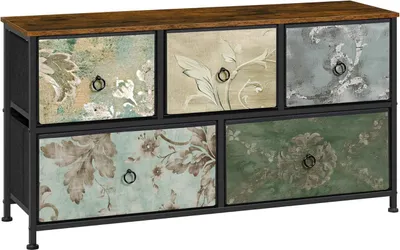 A dresser with five drawers, each featuring a unique vintage floral design, set against a white background.
