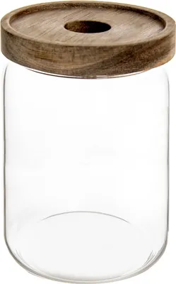 A clear studio shot of a glass jar with a wooden lid.