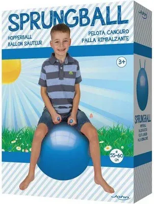 A boy is sitting on a blue hopper ball in front of a background depicting grass and a sun.