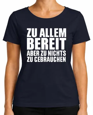 Productafbeelding van Klaar voor alles, maar zin in niets. Grappig, ironisch, kantoorhumeur. Dames T-shirt, marineblauw, maat L