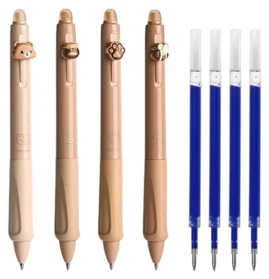 Produktbild von 4 Radierbarer Kugelschreiber und 4 Ersatz-Nachfüllung, Tintenroller Radierbar Stifte Set mit 4 Tier-Stifte Bär Biene Pfote Honigtopf 0.5MM Radierbarer Tintenroller Studenten Geschenk Schule Bürobedarf Schulsachen