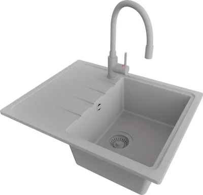 Produktbild von PRIMAGRAN Granitspüle Grau 62x50cm, Spülbecken 1 Becken + Küchenarmatur 38x14cm + Ablauf-Set, Küchenspüle ab 40er Unterschrank - Mailand