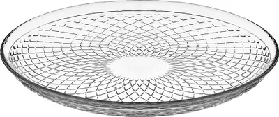 A clear glass decorative plate with a geometric pattern.