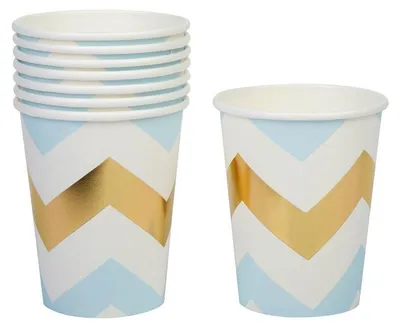 Partybecher 8er-Set, 260 ml, Papier, blau, Zickzack-Muster, 7,5 x 7,5 x 9 cm