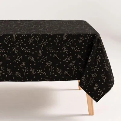 Productafbeelding van Luxe Jacquard Tafelkleed Kerst Bloemenpatroon met Gouden Garen - Rechthoekig Eettafelkleed 140x240 cm Zwart