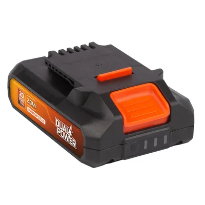 A black and orange 20V 2.0Ah battery pack for power tools, shown from a three-quarter angle against a white background.
