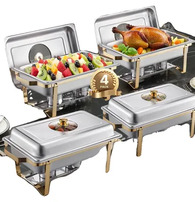Produktbild von VEVOR Warmhalteteller Buffet Set, 4 Qt 2er Pack, Edelstahl Chafing Dish mit 4 halben Größen Pfannen, rechteckiger Catering Wärmeserver mit Glasdeckel, Wasserpfanne, klappbarer Ständer, Brennstoffhalter, für Hochzeitsfeiern und Bankette, 4 Stück