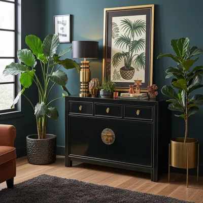 Produktbild von OPIUM OUTLET Chinesische Kommode Asia Sideboard orientalischer Schrank asiatische Vintage Möbel Anrichte Hochzeitsschrank komplett montiert schwarz