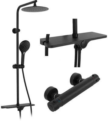 A black shower set with a shower head, handheld shower, shelf, and thermostatic mixer.