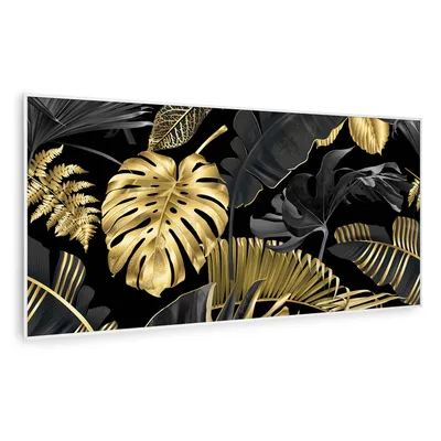 A close-up of a decorative panel featuring stylized tropical leaves in gold and black against a black background.