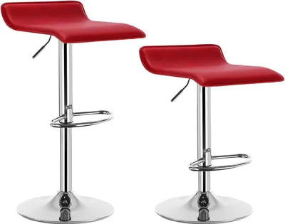 Two red bar stools on a white background.