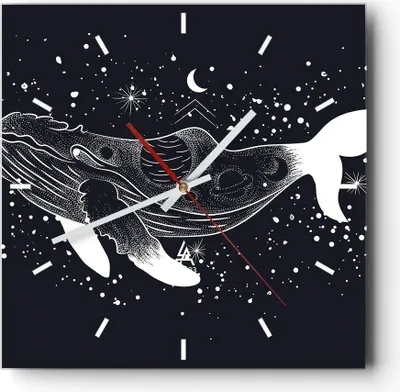 Produktbild von Wanduhr - Quadrat - Glasuhr - Wal Schwarzweiß Grafik - 40x40cm - Schleichendes Uhrwerk - Lautlos - zum Aufhängen bereit - Dekoration Modern - Wanddekoration aus Glas - C3AC40x40-4870