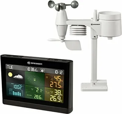 A weather station display and outdoor sensor unit are shown against a white background.