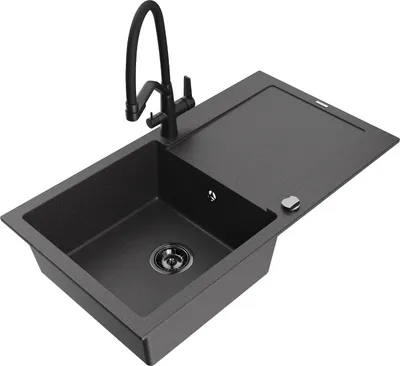 Produktbild von Mexen Leo 1 Becken-Granitspüle mit Abtropffläche und Mischbatterie Duo, Schwarz gesprenkelt - 6501-76-671701-70-B