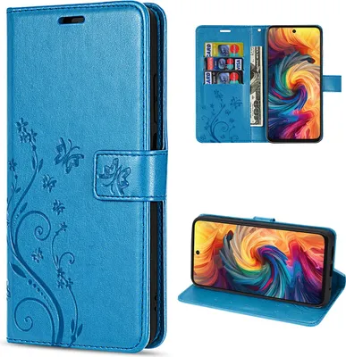 Collage of a blue flip phone case with floral and butterfly embossing, showing the case open with cards and money, and the phone in use as a stand.