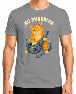 Immagine prodotto di Maglietta da uomo, grigia, taglia M, con scritta "No Purrblem" e immagine di gatti che litigano, in stile sarcastico e umoristico