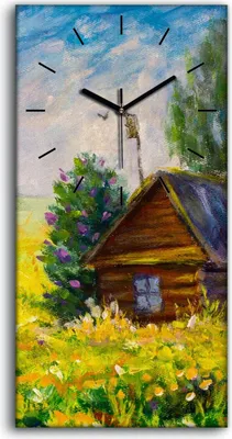 Produktbild von Dekor Leinwand Uhr Wandbilder 30x60 Gemälde Wiese Hütte Himmel Blumen Landschaft - schwarze Hände