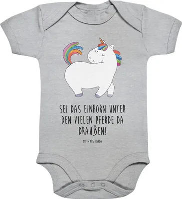 Produktbild von Mr. & Mrs. Panda Strampler Baby Einhorn Stolzieren 3. - 6. Monat - Heather Grey - Geschenk, babykleidung body, Reiten, Unicorn, Kurzarmbody, Babybody, Einhörner, Pferd