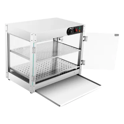 A stainless steel food warmer with glass doors and shelves, shown from a slightly elevated side angle with the door and a bottom tray open.