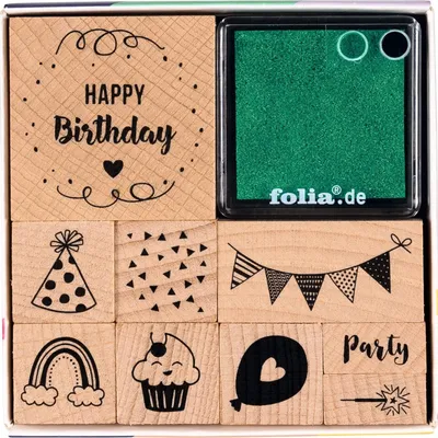 Immagine prodotto di folia 31104 set di timbri con motivo folia "Happy Birthday", in legno, 11 pezzi