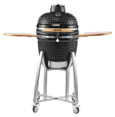 Zdjęcie produktu dla Grill VEVOR Kamado, grill ceramiczny, wędzarnia Ø 450 mm, z drewnianymi uchwytami, półkami bocznymi, metalową podstawą na kółkach i termometrem do 400°C, górnym i dolnym przepływem powietrza, do grillowania, pieczenia i gotowania na świeżym powietrzu.