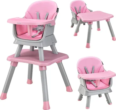 Produktbild von COSTWAY 6-in-1 Babyhochstuhl, Hochstuhl & Essstuhl & Lerntisch & Bausteintisch & Kindersitzgruppe, Kinderhochstuhl mit Sicherheitsgurt und abnehmbarem Tablett, Babystuhl Kombihochstuhl (Rosa)
