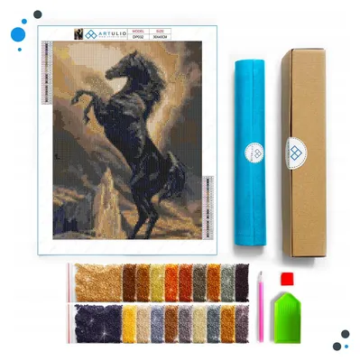Zdjęcie produktu dla Haft diamentowy ARTULIO - Czarny koń na tle skał - 40 x 30 cm - Diamond painting, Kompletny zestaw: mozaika + akcesoria