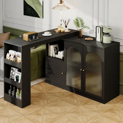 Produktbild von Bartisch ausziehbar mit 360° Drehfunktion, Stauraum, Regal, Kücheninsel, Schwarz 120x103x40 cm
