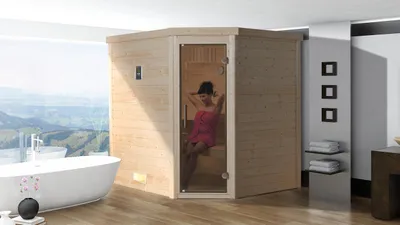 Produktbild von weka Premium-Massivholzsauna 45 mm TURKU 1 GT Sparset 1 inkl. 7,5 kW OS-Ofenset und Sauna-Leuchtenset x B x T x H x 195 x 178 x 205