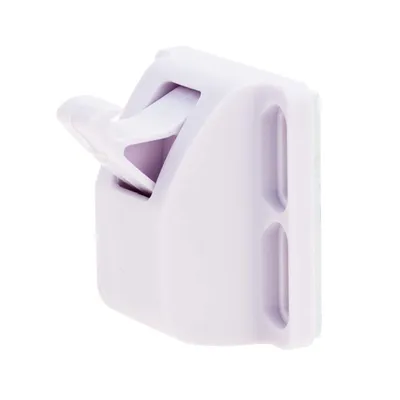 A single white plastic child safety lock is shown against a white background.