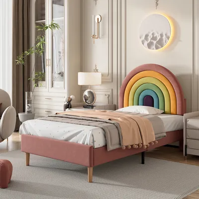 Produktbild von Flieks Jugendbett 90x200cm Polsterbett mit Lattenrost, Massivholzbett Einzelbett mit Regenbogenförmigem Kopfteil, Kinderbett Samt, Rosa