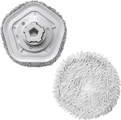 Two mop pads for a cleaning device, one is a pentagonal-shaped attachment and the other is a circular pad.