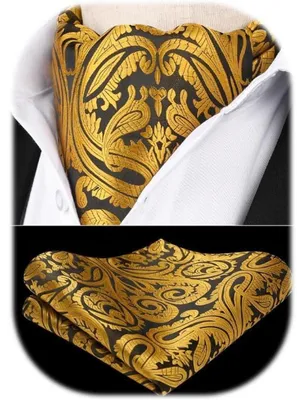 Productafbeelding van Herenset: sjaal en zakdoek, paisley bloemenmotief, goud, microvezel, polyester, zijde