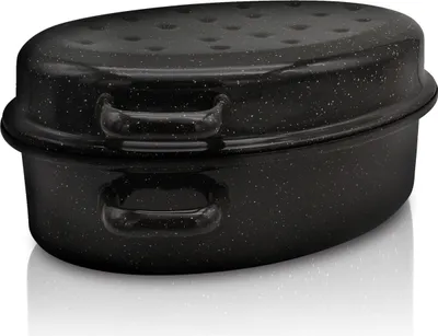 Produktbild von Karl Krueger Gansbräter, 34 cm, 4,5 l, Emaille, Tropfdeckel, G3408F, gesprenkelt, schwere Qualität, für alle Herdarten inkl. Induktion, bis 240°C, hygienisch