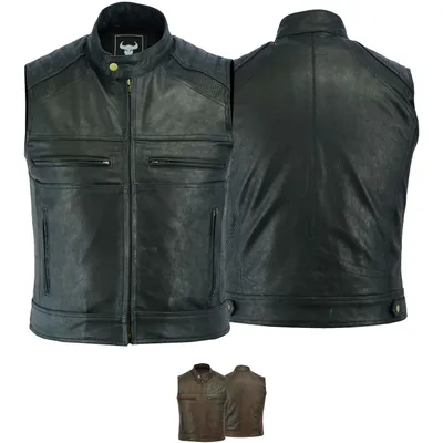 Produktbild von Motorrad Kutte Vintage Coffe racer Lederweste Motorradweste Clubweste, Größe:62/5XL, Farbe:Schwarz