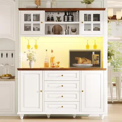 Produktbild von Flieks Küchenschrank mit RGB-LED-Beleuchtung, Metall-Weinglashalter, Sideboard mit Gummibaumholz-Füße, Hochschrank, für Küche und Wohnzimmer, Weiß