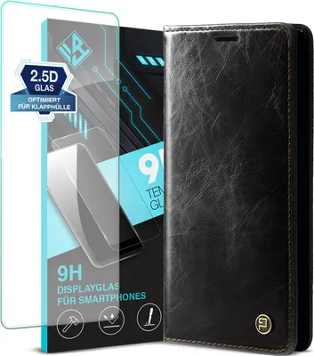Produktbild von Handyhülle für Samsung Galaxy A13 5G mit 9H Displayglas Kunstleder Klapphülle Vintage Cover Hülle RFID Schutz Case Kartenfach Farbe: Schwarz