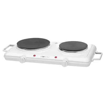 A white electric double hot plate burner sits on a white background.